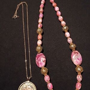 VIBRANT PINK & GOLD RHODONITE BEADED NECKLACE +ROSE MOTIF NECKLACE BUNDLE.